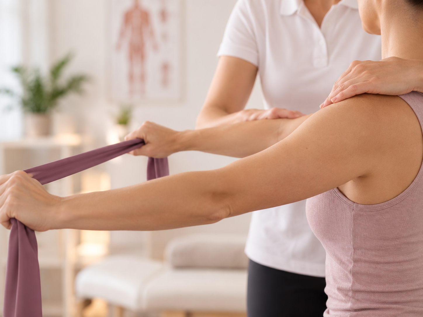Physiotherapie: Therapeutin begleitet eine Übung mit dem Theraband an Schulter und Arm